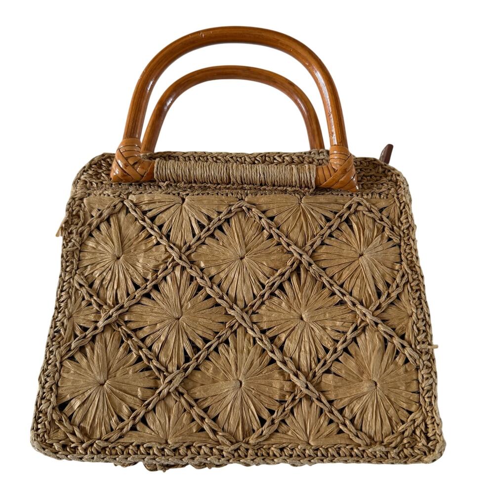 Fossil Tan Woven Straw Top Handle Bag Boho Beach Vacation Resortwear